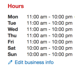 restaurant listing on Yelp with no holiday hours listed